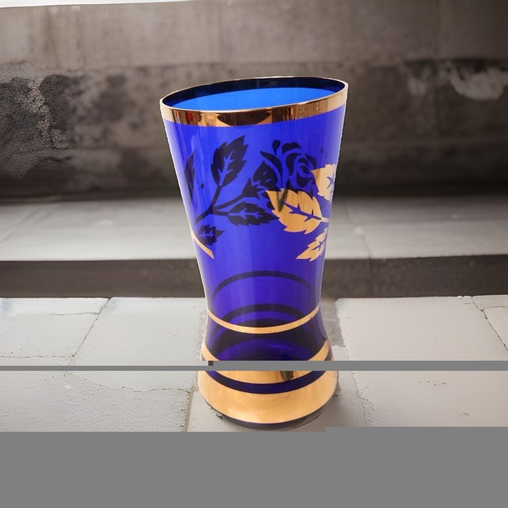 VTG Cobalt Blue & Gold Borske Sklo Union 8" Flower Vase Rose Czech Glass Rose